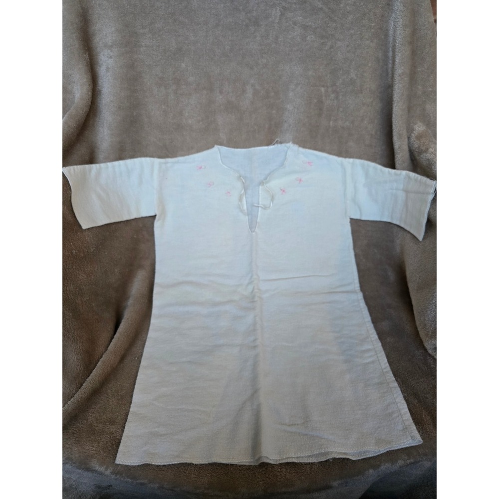 Vintage White Cotton Nightgown Pink Embroidered Split Neck Chemise Sleepwear